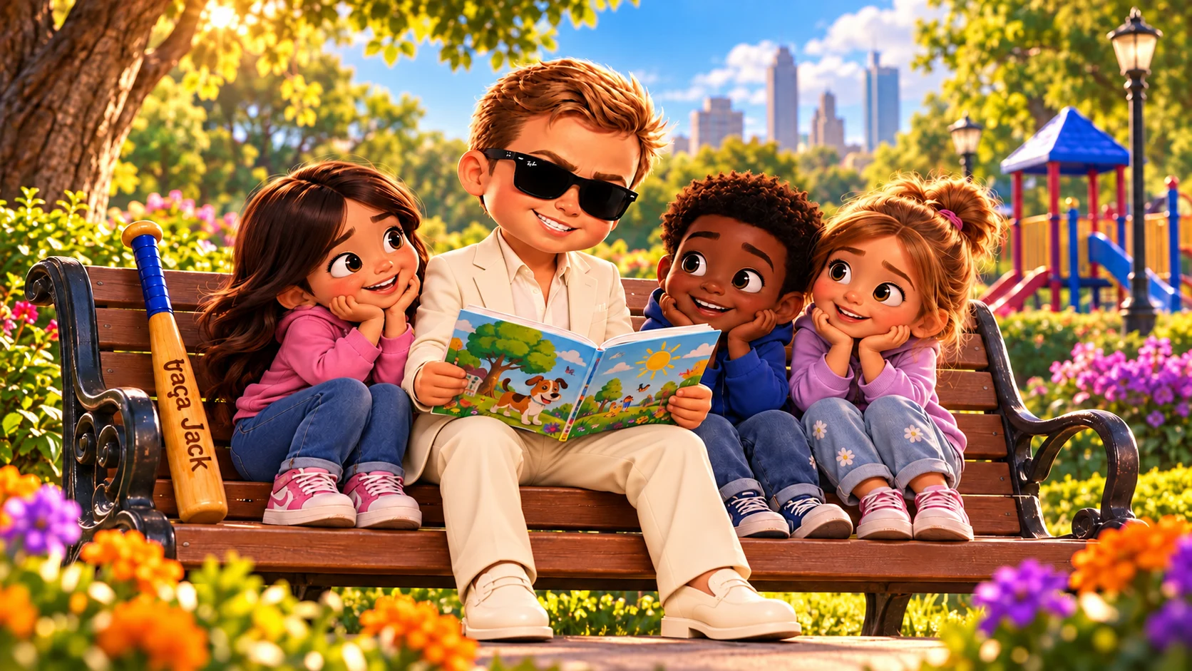 Ilustração do Caça Jack lendo com crianças no parque.