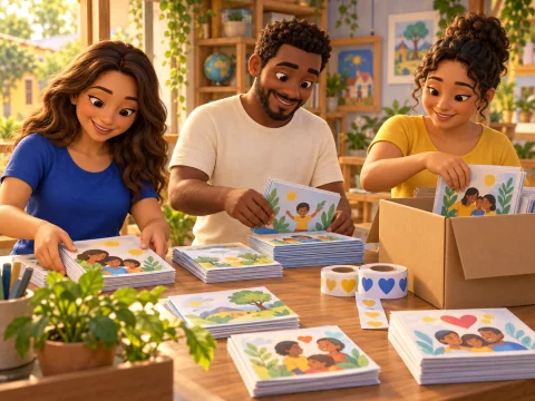Ilustração de apoiadores organizando materiais educativos.