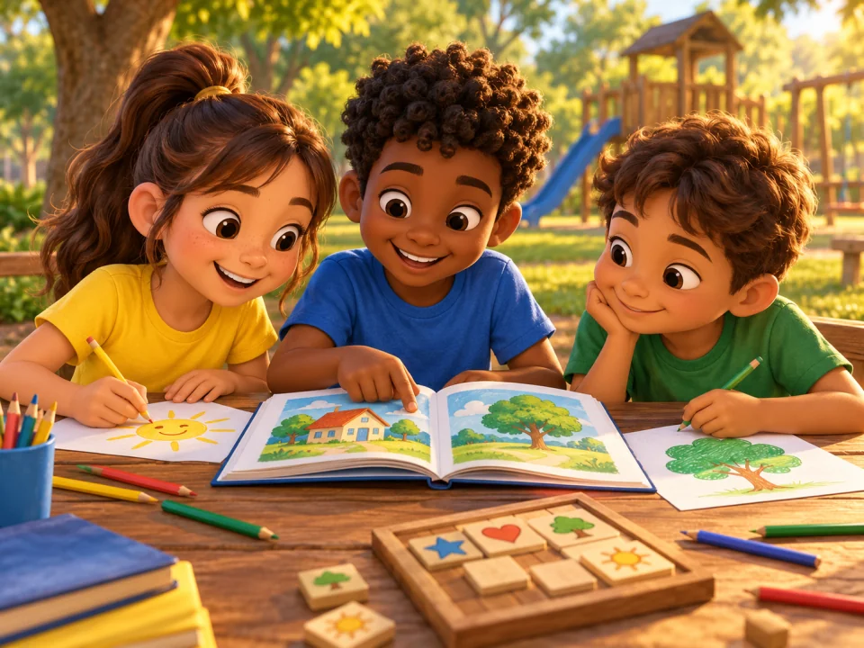 Ilustração de crianças lendo e desenhando.